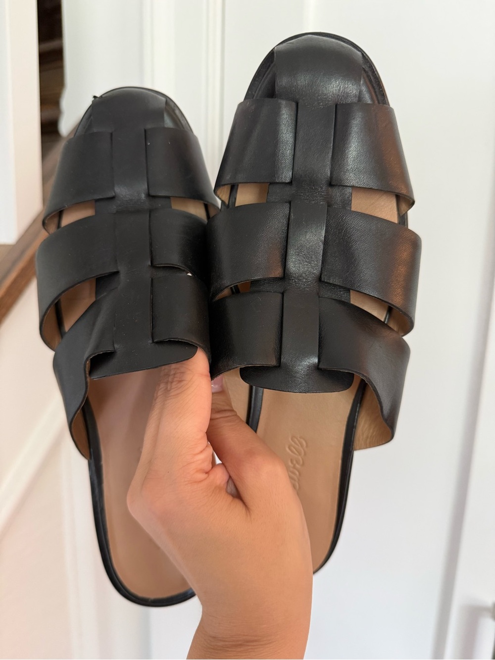 Black Woven Leather Slide Sandals - Women